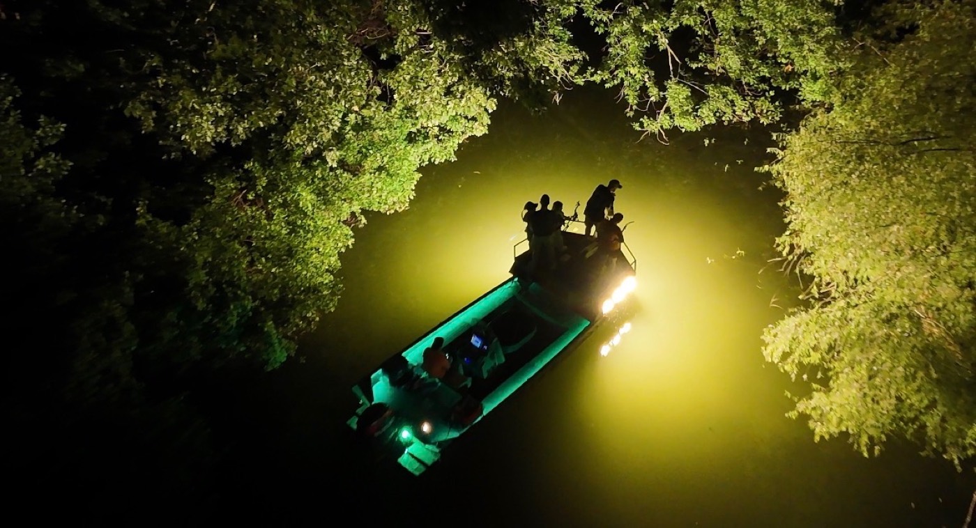 Carp Control's bowfishing boat lit up on the water at night